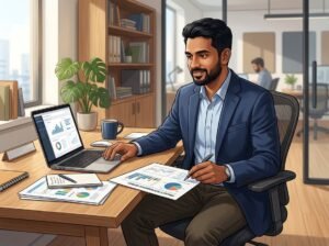 A man sitting at a desk reviewing documents and working on a laptop in a bright office.
