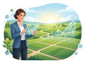 A businessperson analyzing land plots and financial growth charts in a green landscape under a bright sky.