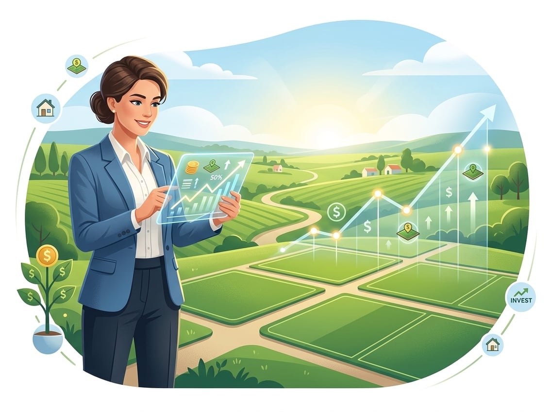 A businessperson analyzing land plots and financial growth charts in a green landscape under a bright sky.