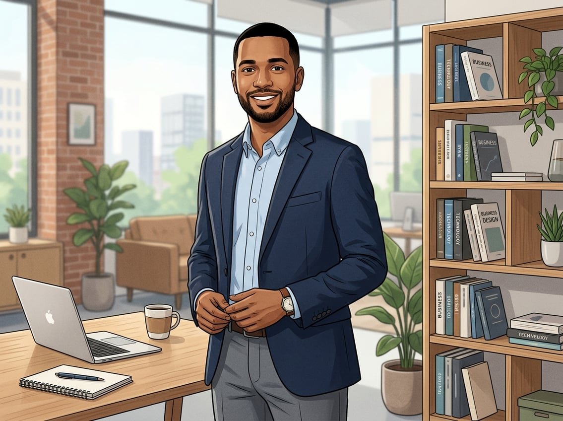 A man in business casual clothing stands confidently in a modern office with a laptop, notebook, and coffee cup on a desk nearby.