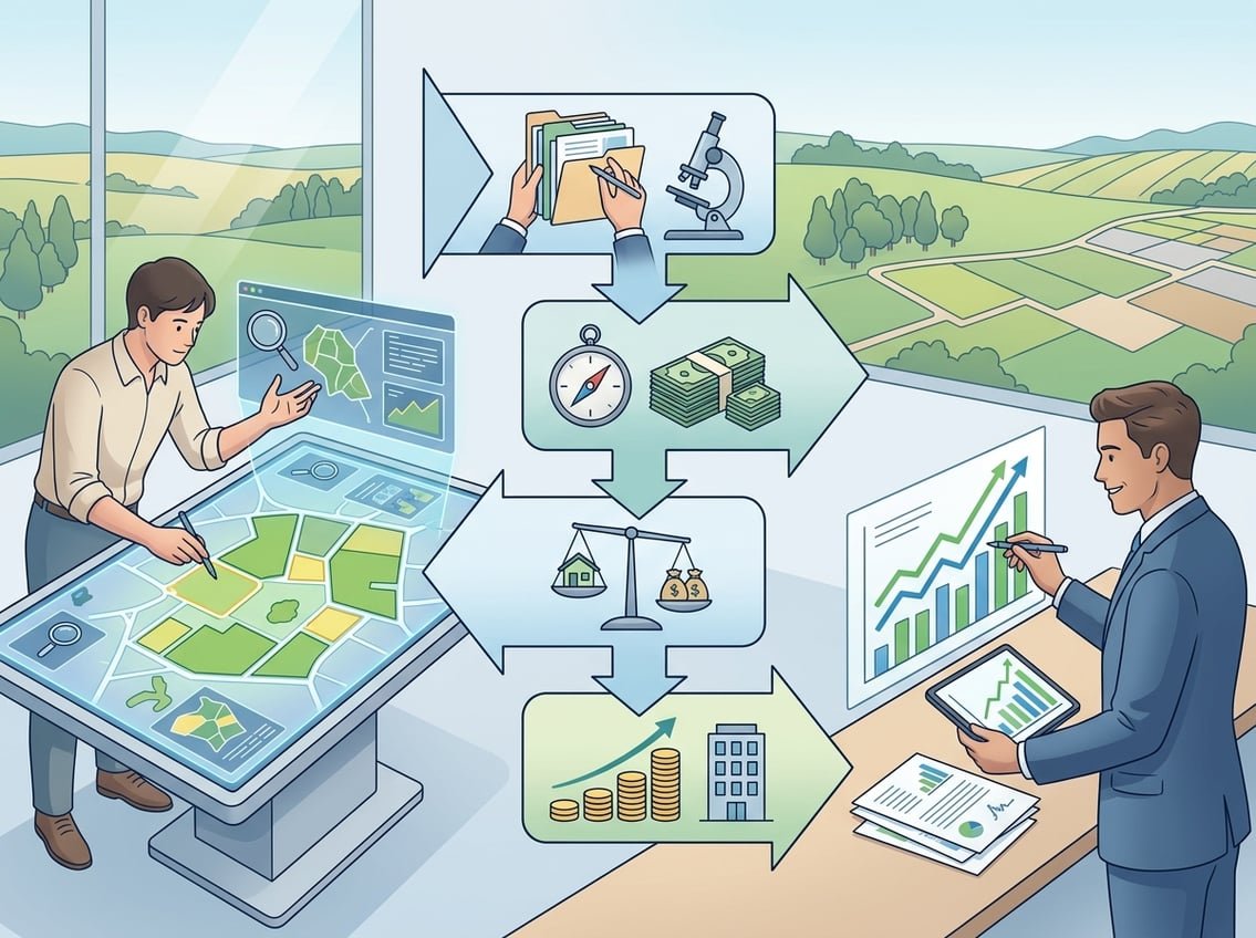 An illustration showing a sequence of steps in a land investment process, including map analysis, flowchart of stages, and reviewing financial charts.