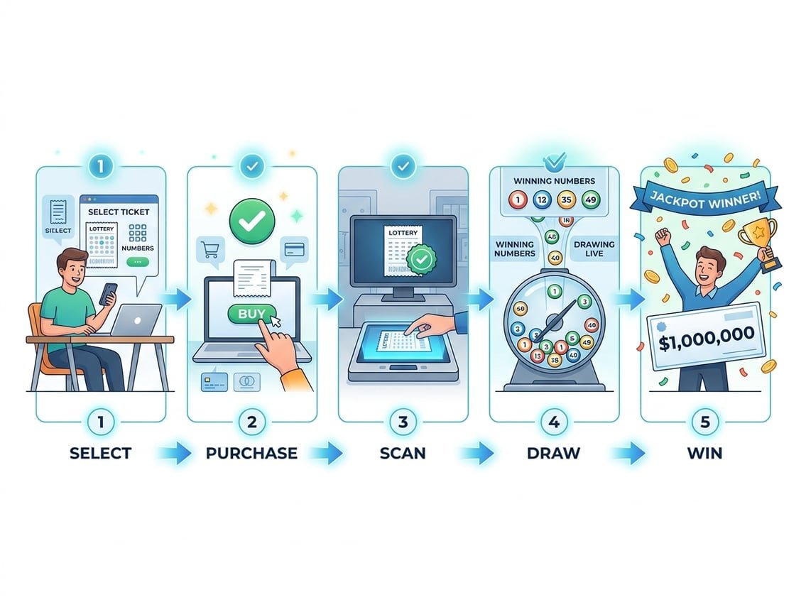 Illustration showing five steps of how theLotter works, including selecting tickets online, purchase confirmation, ticket verification, lottery drawing, and winning prize.