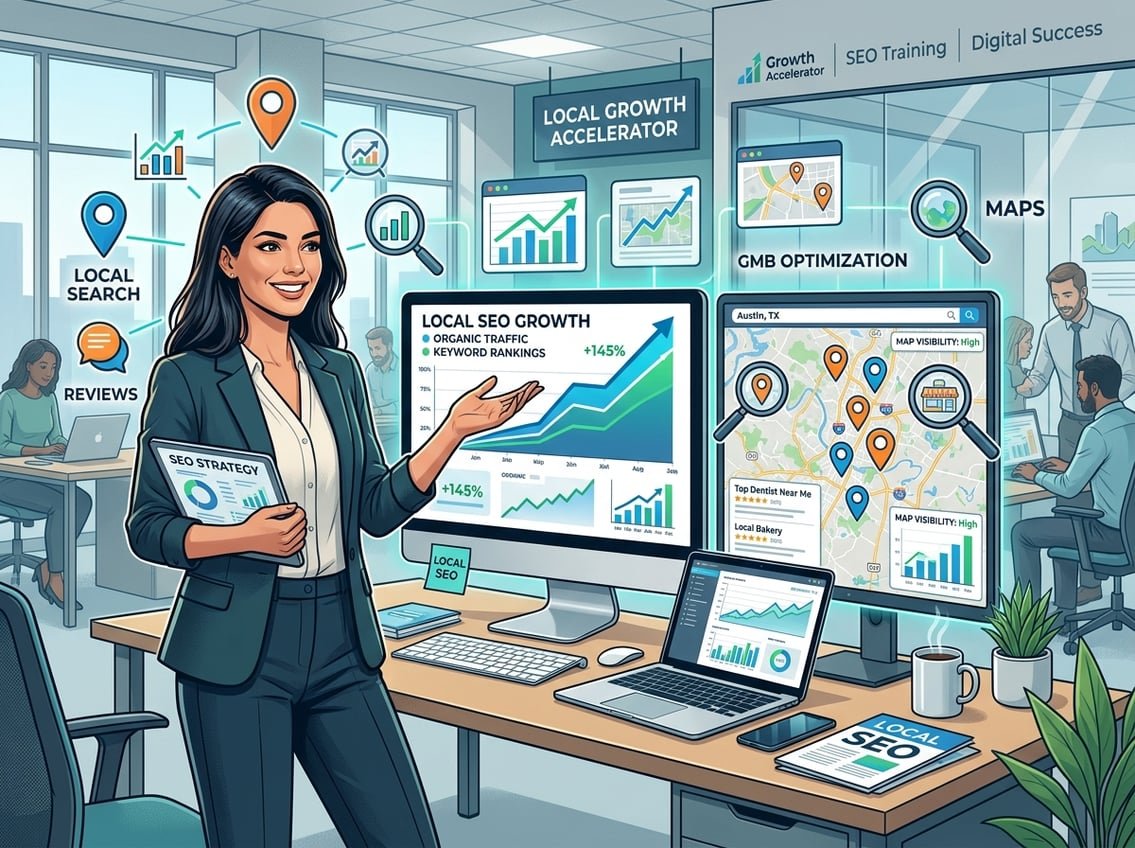 A business professional reviewing charts and digital devices with location markers, representing local SEO growth in an office setting.