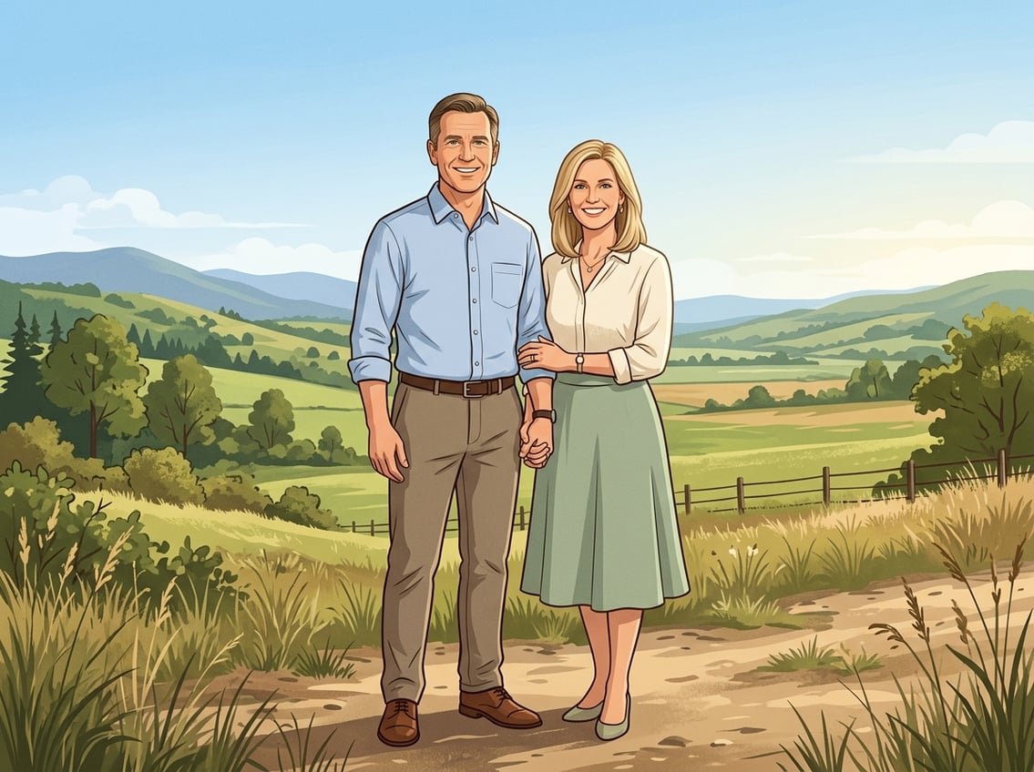 A man and woman standing together outdoors with open land and hills in the background.