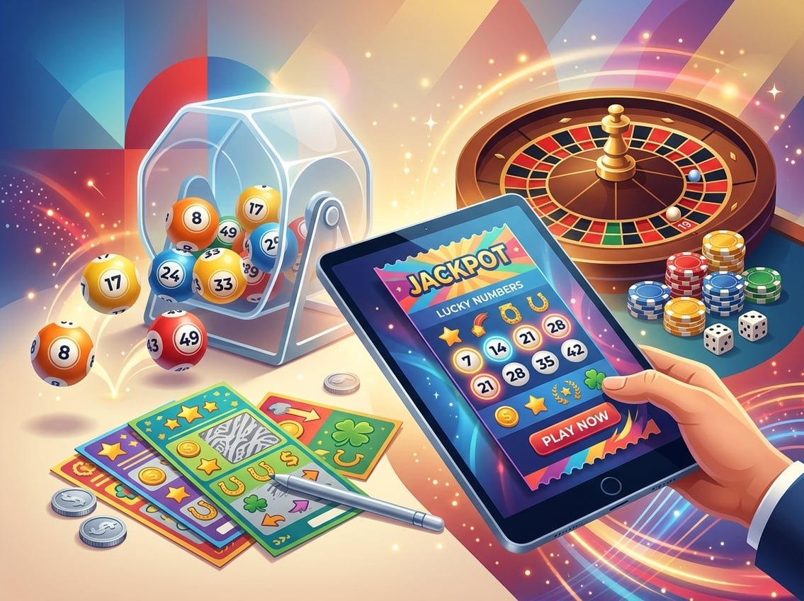 A scene showing various lottery games including numbered lottery balls, scratch-off tickets, a roulette wheel, and a digital lottery ticket on a tablet.