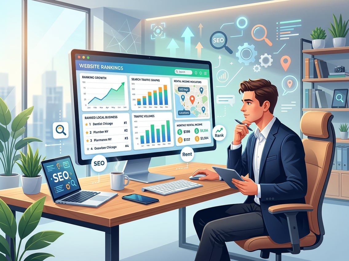 A business professional analyzing website ranking and rental income data on a computer screen in a modern office setting.