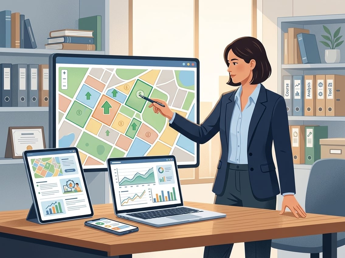 A businessperson analyzing a map with highlighted land parcels and digital devices showing charts and course materials in a modern office setting.