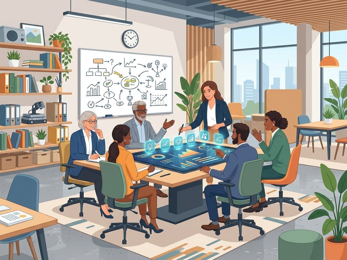 A group of professionals collaborating around a digital touchscreen with charts and diagrams in a bright office setting.