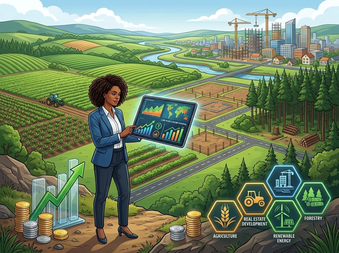 A businessperson reviewing land investment opportunities with various land types and income symbols in the background.