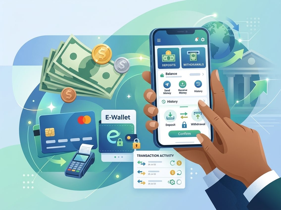 Illustration showing hands using a smartphone with icons of credit cards, cash, coins, and a digital wallet representing deposits and withdrawals.