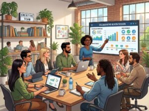 A group of professionals working together around a table, reviewing data on a large screen in a bright office.