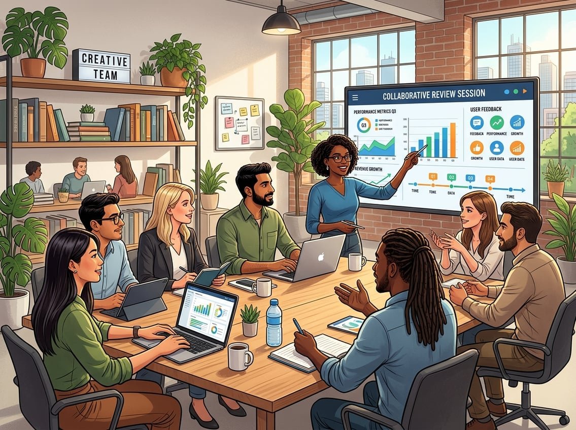 A group of professionals working together around a table, reviewing data on a large screen in a bright office.