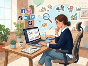 A person working at a desk with a laptop showing marketing charts and icons representing digital marketing around them.