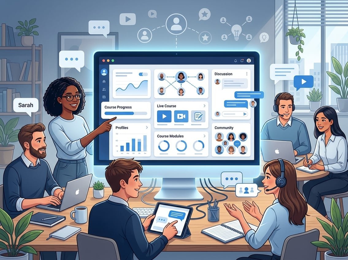 A group of diverse people collaborating around a computer screen showing an abstract online learning platform interface with icons representing communication and education.