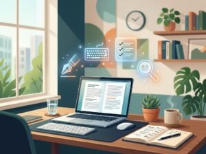 A workspace with a laptop, notebook, coffee cup, and floating icons representing writing and reviewing tools.