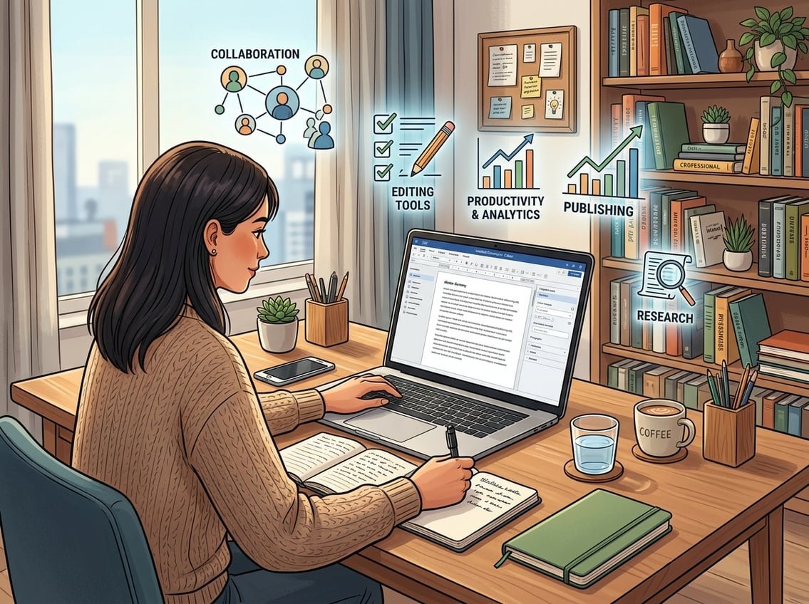 A modern workspace with a laptop, notebooks, pens, and digital icons representing writing tools and productivity features.