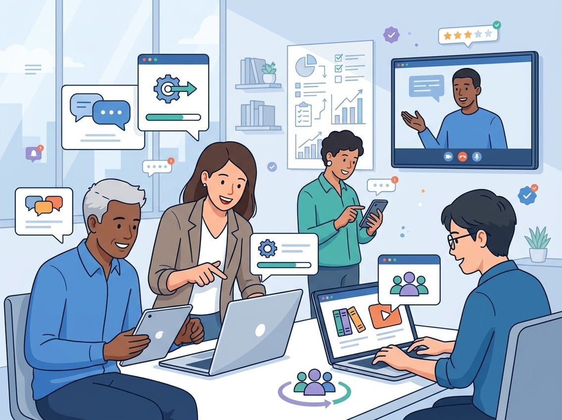 A group of people using laptops and tablets, collaborating and interacting with digital interfaces that show icons for community, communication, and progress.