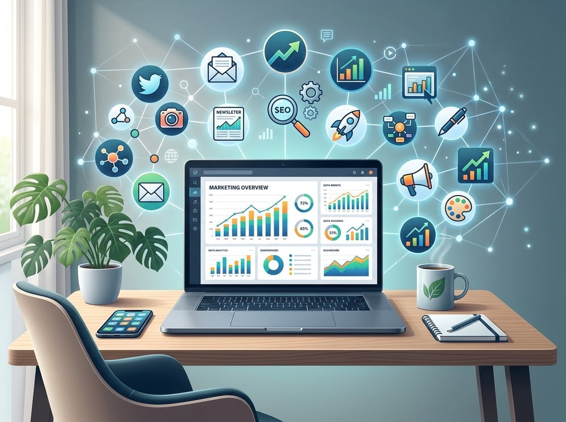 A modern workspace with a laptop showing marketing charts and floating icons representing digital marketing tools and networks.