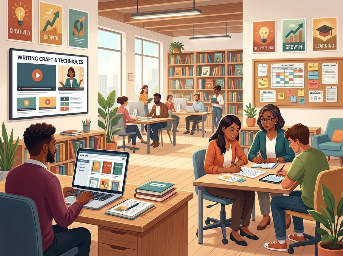 A group of people in an office setting engaged in training and career support activities for writers, including watching tutorials, browsing resources, and receiving mentoring.
