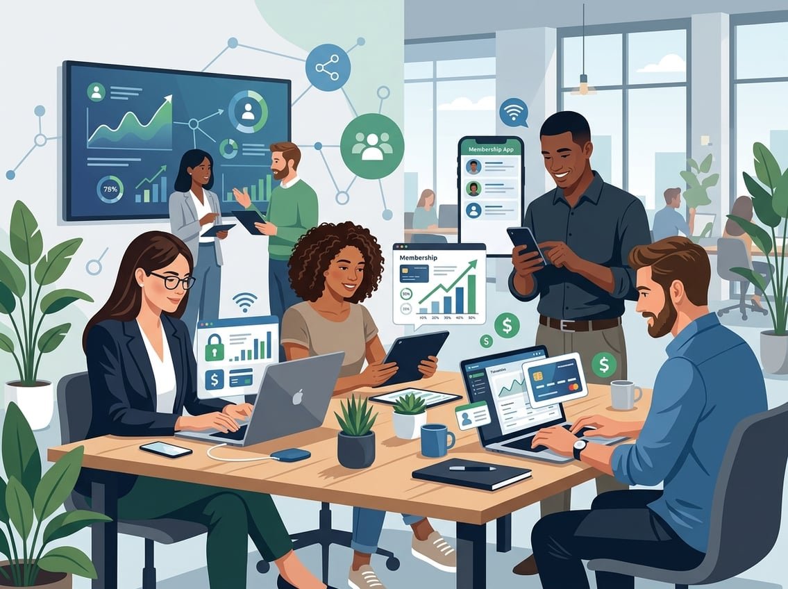A group of people using digital devices surrounded by icons representing payments, memberships, and financial growth.