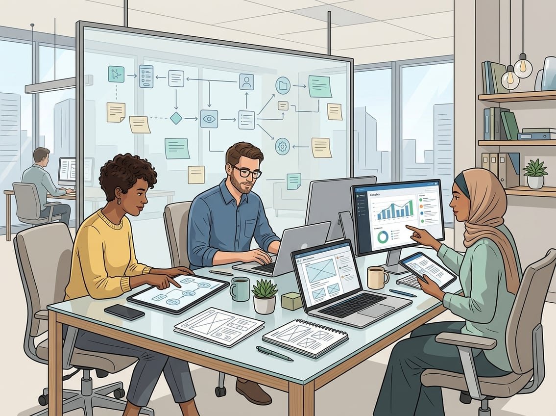 A team of professionals collaborating around a desk with digital devices displaying user interface designs and analytics charts in a bright, organized workspace.