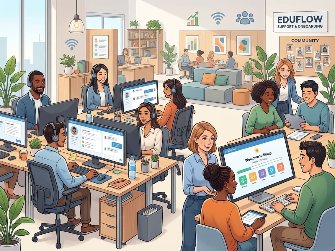 A group of customer support representatives assisting new users with onboarding in a modern office setting.