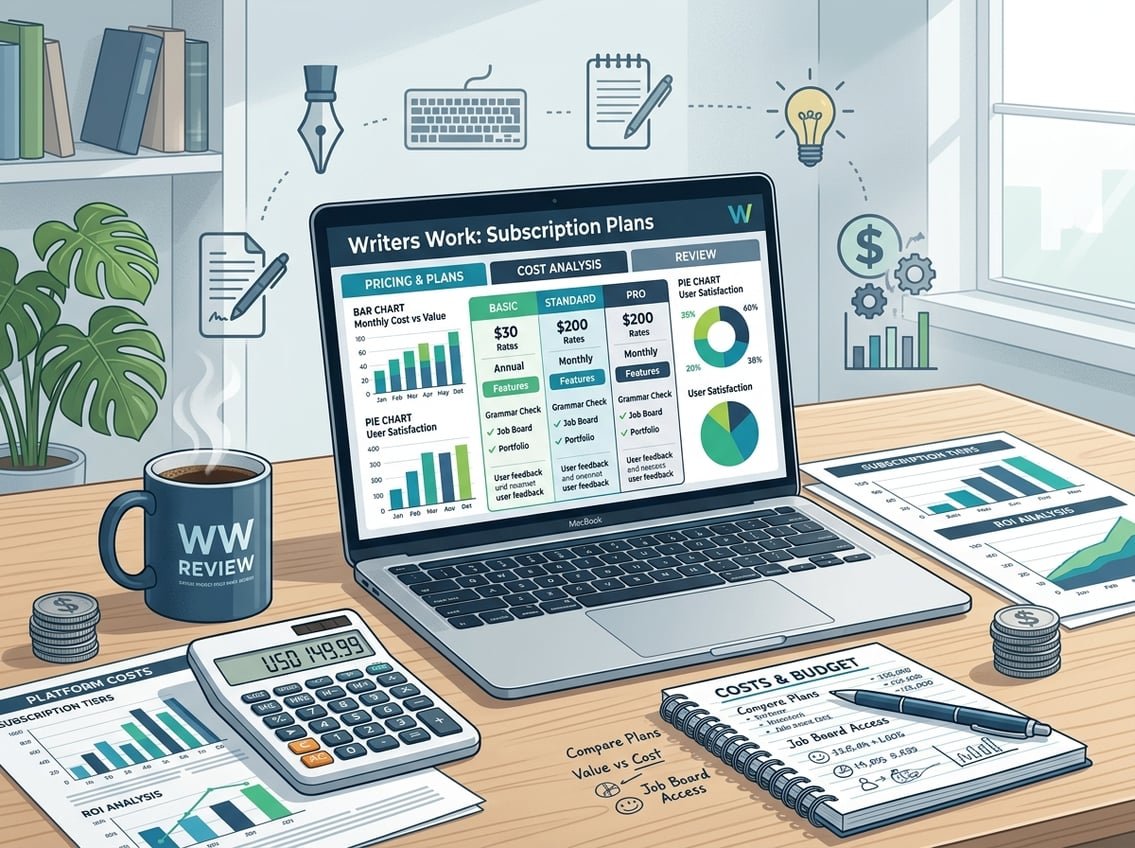 A workspace with a laptop showing pricing charts, documents, a calculator, and writing tools arranged around it.