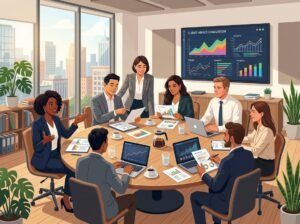 A group of business professionals collaborating around a table, reviewing charts and graphs on a digital screen in a modern office.