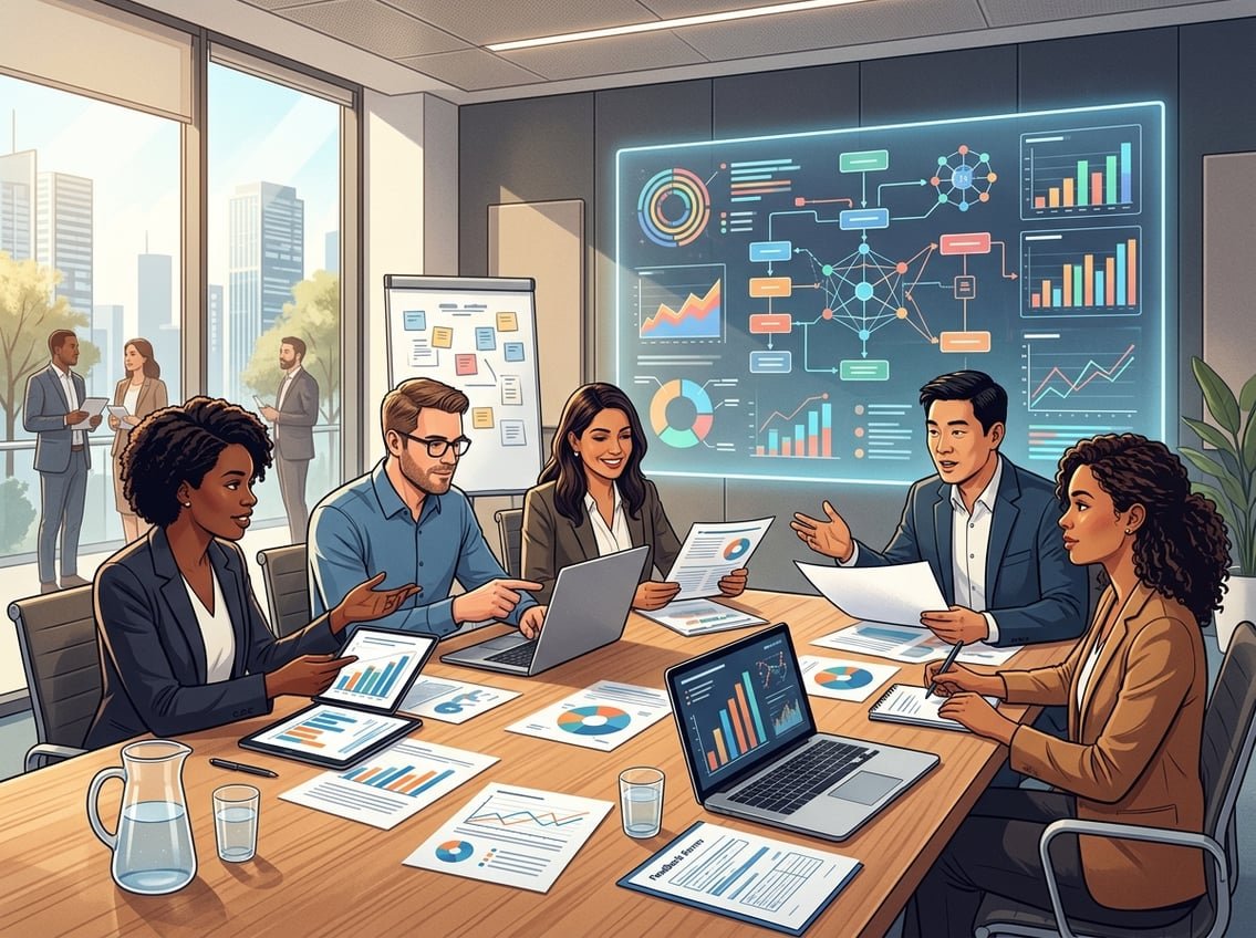 A group of business professionals reviewing charts and data together around a conference table in a bright office.