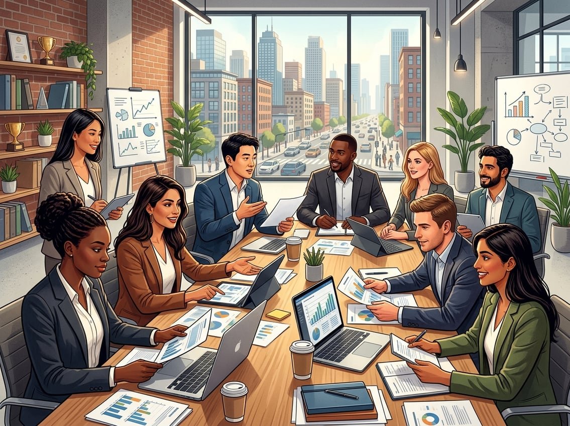 A group of diverse business founders and team members collaborating around a conference table in a modern office.