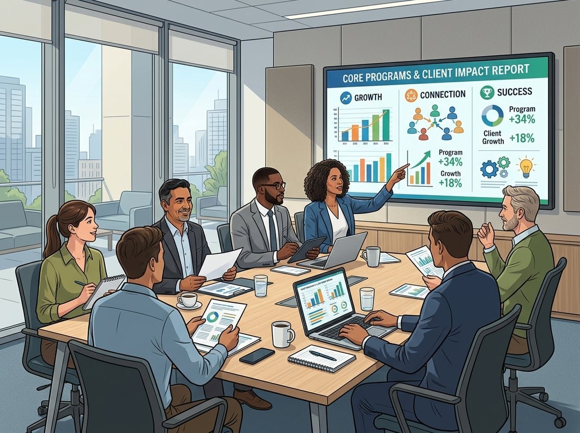 A group of professionals meeting around a table, reviewing charts and discussing client impact in a conference room.