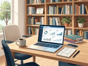 A workspace with a laptop showing sales charts, books, a notepad, and a coffee cup on a desk.