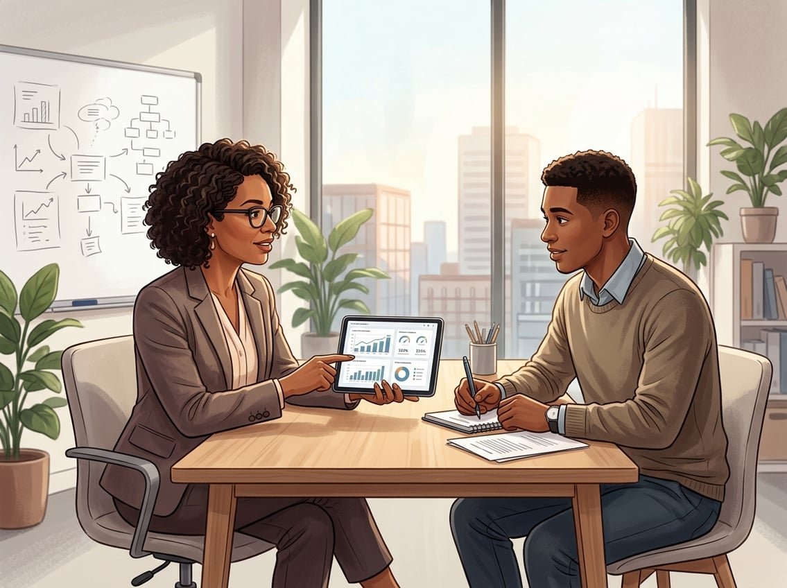 A mentor and mentee discussing client feedback and performance in a bright office setting with charts on a tablet.
