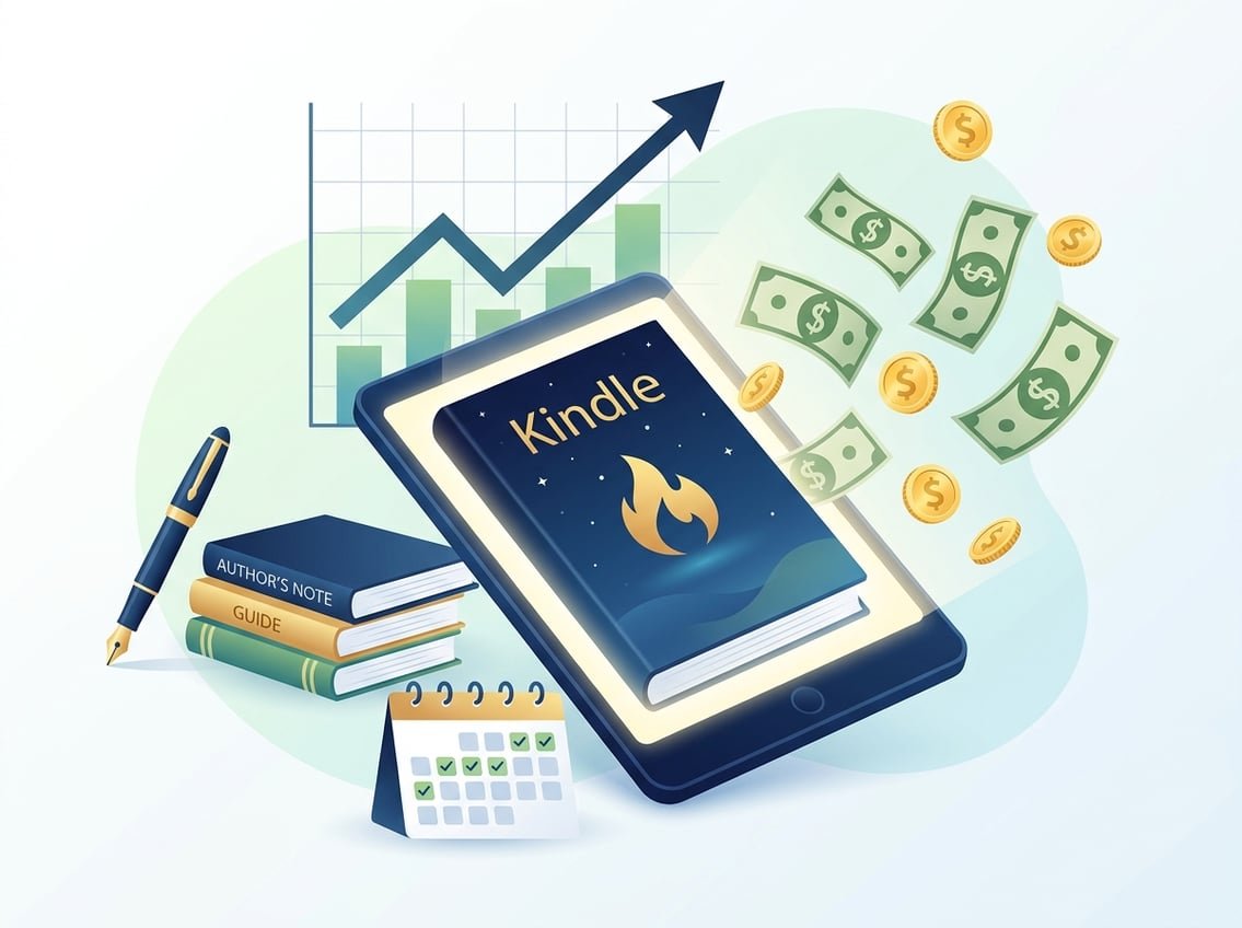An open digital tablet showing an e-book cover surrounded by floating money and an upward trending income graph.