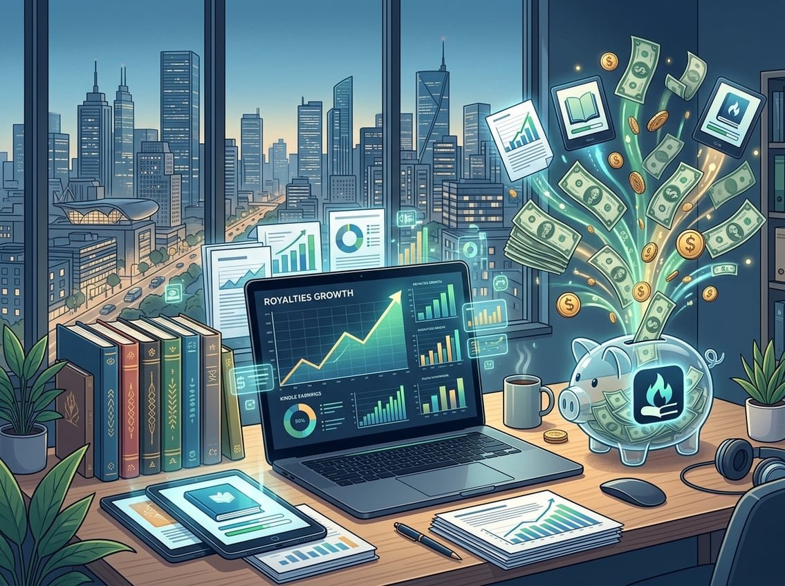 A workspace with a laptop showing earnings charts, surrounded by books, digital documents, and money flowing into a piggy bank with a Kindle icon, set against a cityscape background.