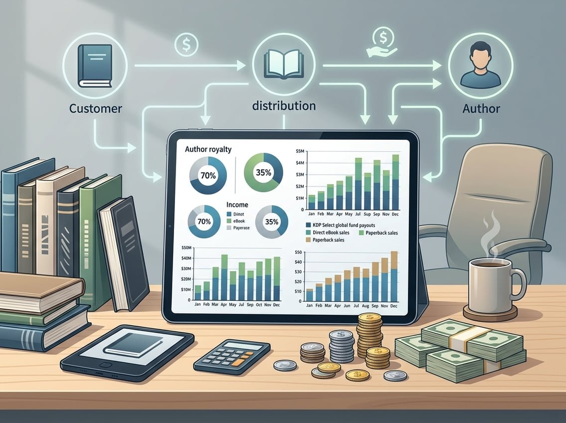 A workspace showing a tablet with income charts, surrounded by books, a Kindle device, and money symbols representing royalty payouts from book sales.
