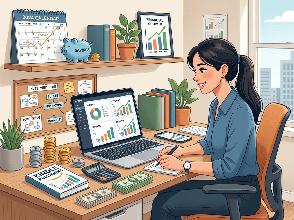 A person working at a desk with a laptop displaying income and expense charts, surrounded by money symbols, a book, and financial planning items.