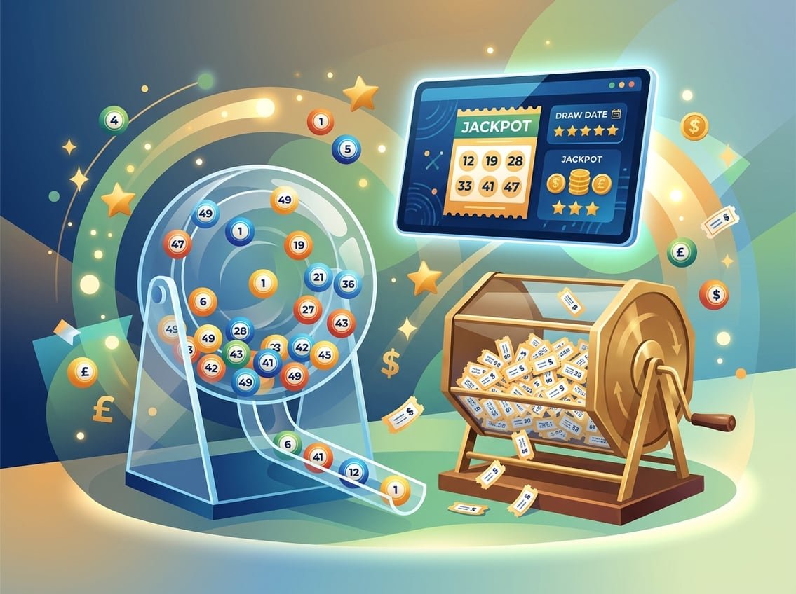 A scene showing lottery balls, a raffle drum with tickets, and digital lottery tickets arranged together.