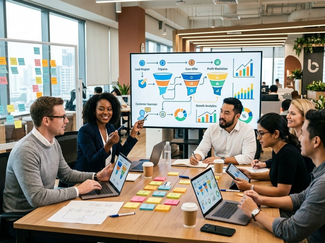 A group of professionals collaborating around a table with laptops and charts, discussing marketing strategies in a modern office.