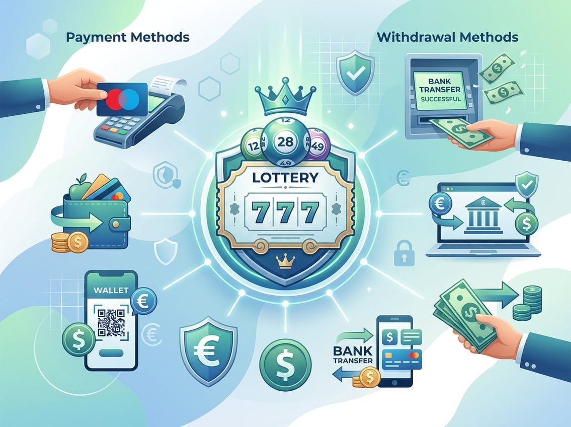 Illustration showing various payment and withdrawal methods surrounding a lottery ticket, including credit cards, digital wallets, and currency symbols.