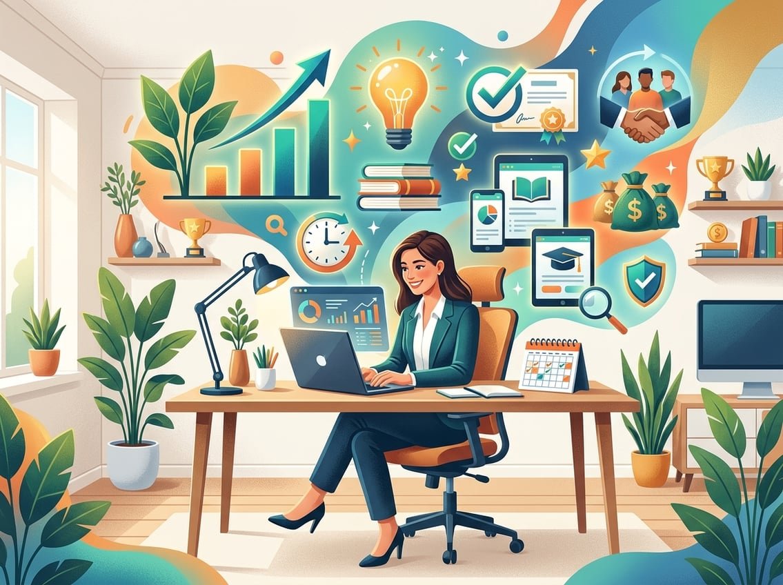 A person working on a laptop in a home office surrounded by icons representing growth, learning, and productivity.