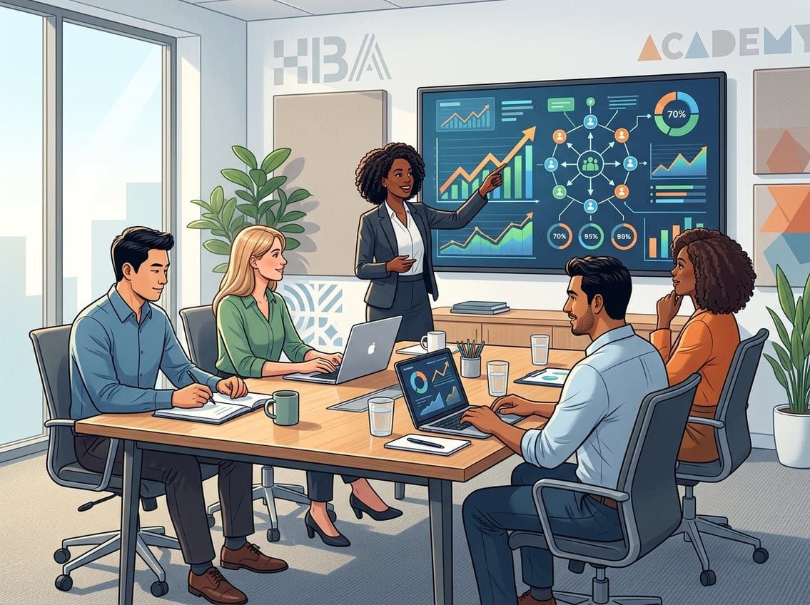 A group of people collaborating around a conference table with charts and graphs displayed on a screen, illustrating teamwork and business growth.