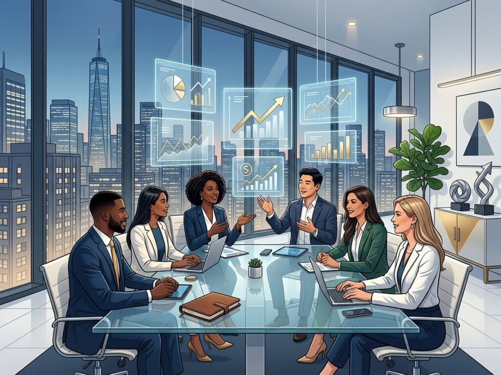 A group of business professionals discussing financial charts around a glass table in a modern office with a city skyline view.