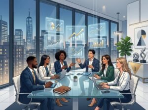 A group of business professionals discussing financial charts around a glass table in a modern office with a city skyline view.