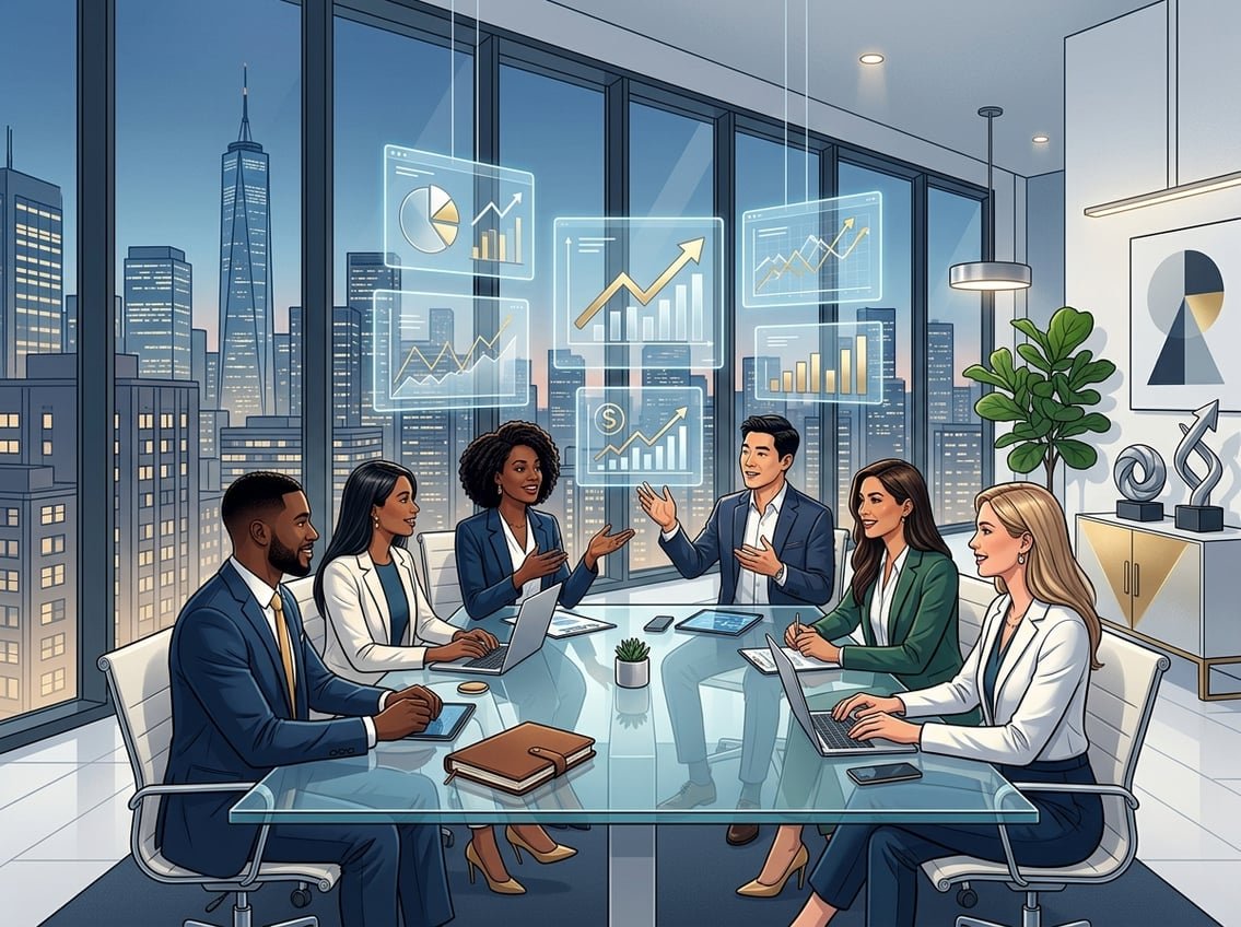 A group of business professionals discussing financial charts around a glass table in a modern office with a city skyline view.