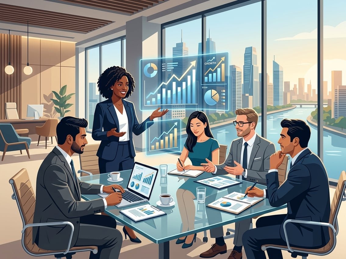 A group of professionals discussing financial data around a conference table with charts and a city skyline in the background.
