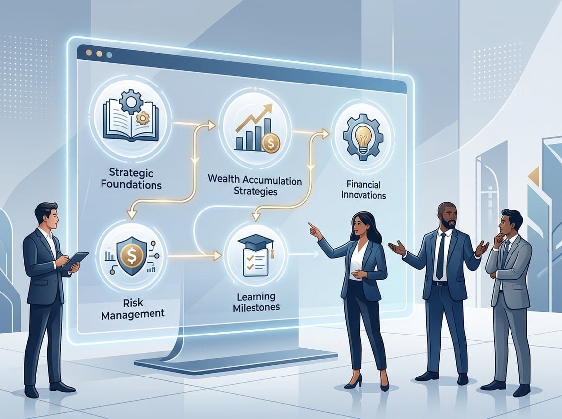 A digital dashboard showing interconnected learning modules with professionals discussing around it in a modern office setting.