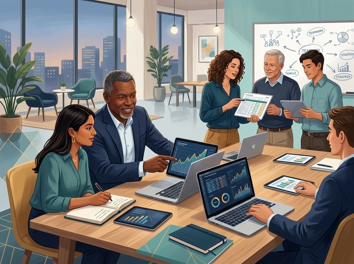 A group of diverse people collaborating and mentoring each other in a modern office setting with digital devices and financial charts.