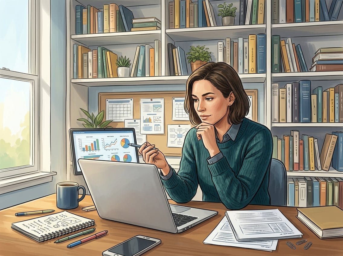 A person working at a desk with a laptop and papers, analyzing data related to publishing strategies, surrounded by bookshelves.