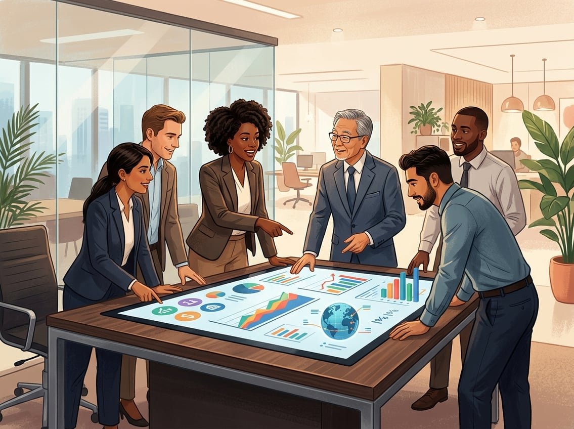 A diverse group of people in a modern office discussing financial charts on a large digital screen.
